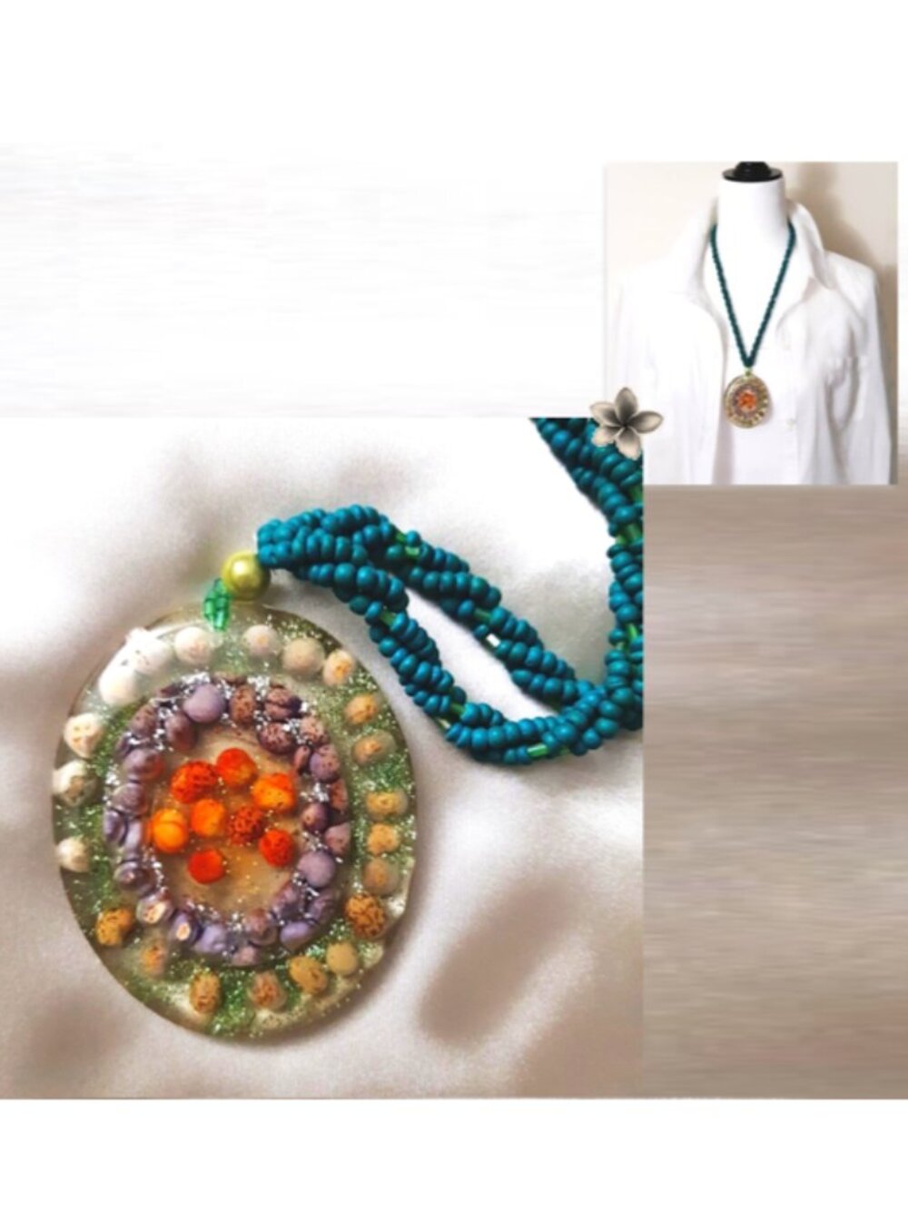Resin Art Seashell Necklace Wooden Beads  28”